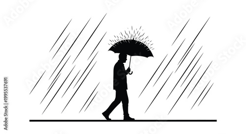 Silhouette of a person walking with an umbrella in the rain