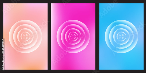 Colorful abstract banners with swirling circular patterns and spiral shapes in vibrant red and purple tones featuring playful design elements like candy and onion inspired forms