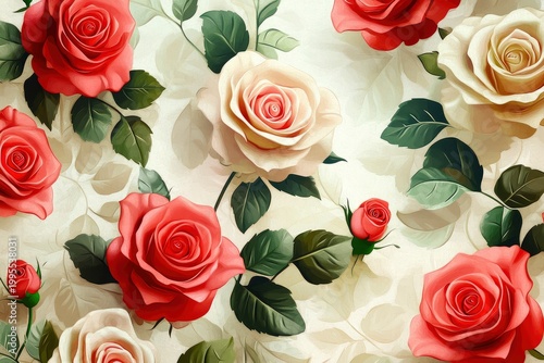 A pattern featuring red and pink roses on a white background