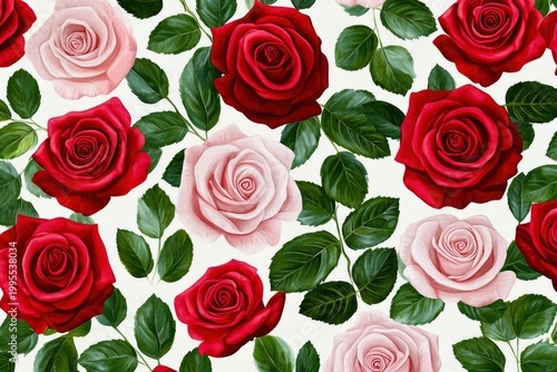 seamless pattern with red and pink roses, green leaves on a light background