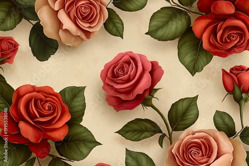 A romantic pattern featuring red and pink roses with botanical elements on a light beige background
