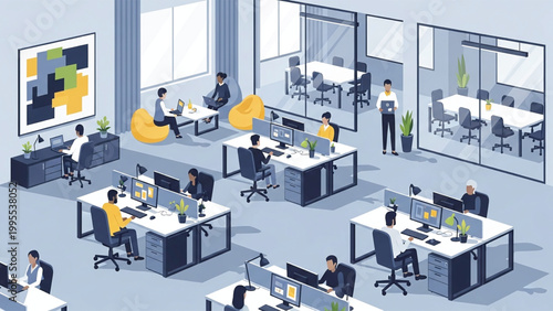 Modern office space with employees working at desks and collaborating in meeting rooms and common areas with computers and furniture.
