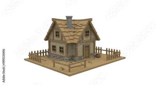 Charming cartoon-style cottage with wooden fence and barrel, perfect for game assets or storybooks.