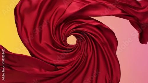 Elegant red silk fabric flowing and swirling in mid-air against a soft yellow and pink gradient background, showcasing smooth ripples, lustrous texture, and graceful motion.
