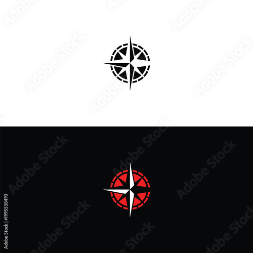A classic compass rose with a red center and dark frame is depicted on white and black backgrounds.