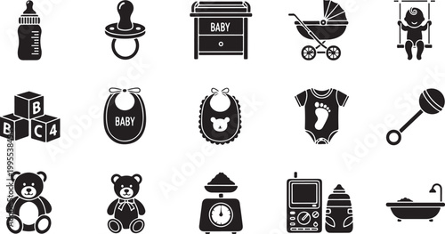 Baby Care Items and Nursery Essentials Icons Set