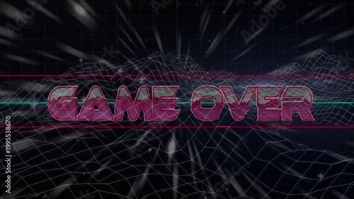 Gaming magenta GAME OVER appearing angled, aligning center, moving neon grid, marking game end