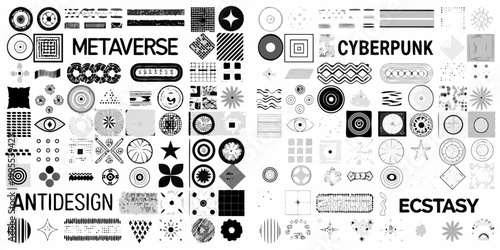 Abstract geometric shapes text elements and a black and white design collage