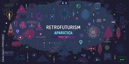 A colorful retrofuturism illustration with various abstract shapes and icons