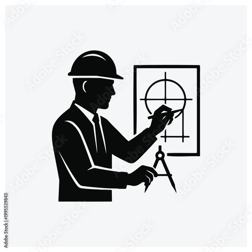 Architect or draftsman drawing on a blueprint with compass and tools.