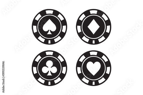 Four black casino chips displaying different card suits in a grid