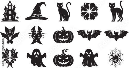 Halloween icons and symbols in black and white