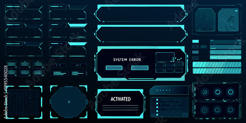 Futuristic user interface elements in a vibrant teal and dark background