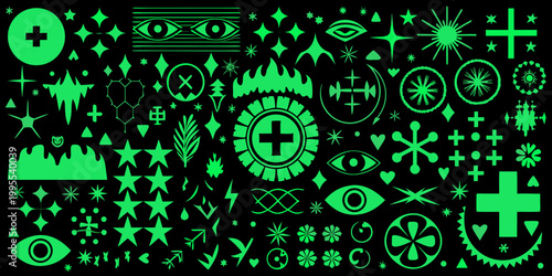A vibrant glowing green collection of esoteric symbols and abstract shapes