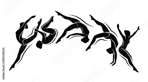 Fotografi Set of silhouettes of a gymnast performing various acrobatic elements, artistic