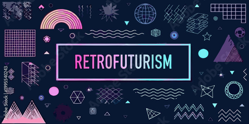 Retro futurism themed illustration with geometric shapes and vibrant colors