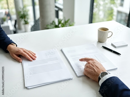 Two business professionals examine documents on a white table with natural light.