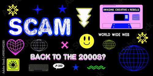 A colorful retro styled image warning about online scams and fraud