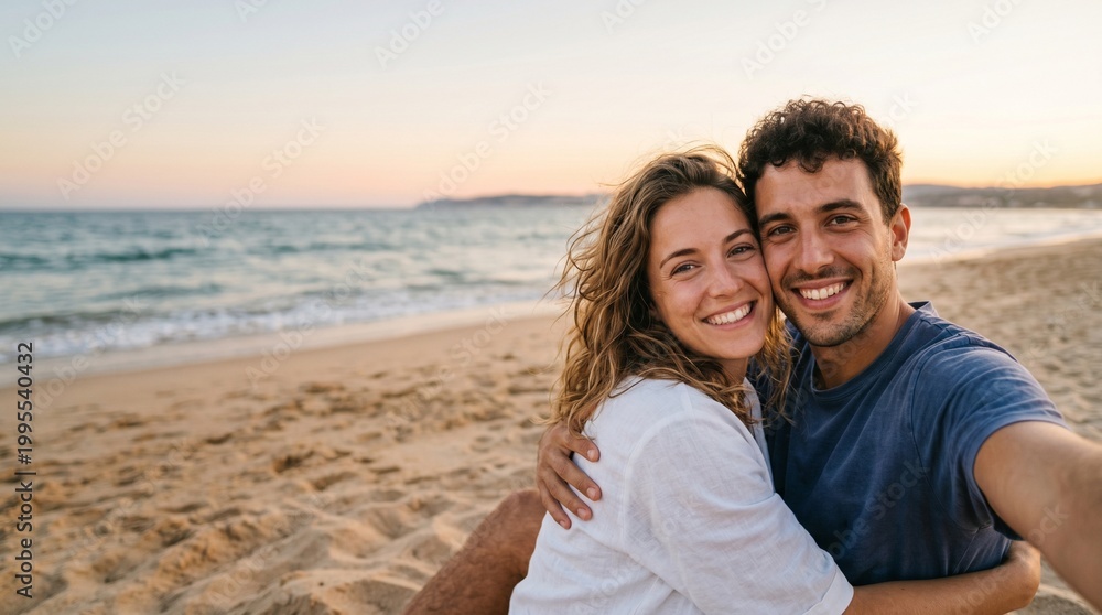 Obraz premium Joyful couple taking selfie on beach at sunset. Romantic travel, anniversary celebration and happiness concept. Beautiful man and woman hugging on sand during golden hour vacation.