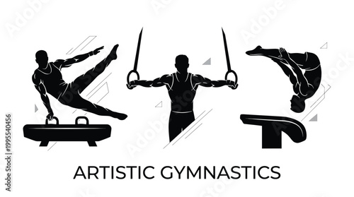 Foto Artistic gymnastics set, male gymnasts performing exercises on pommel horse and