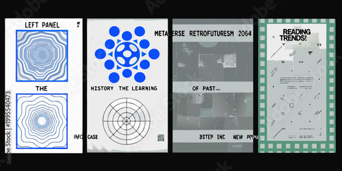 Collage of abstract digital art panels with text and geometric designs