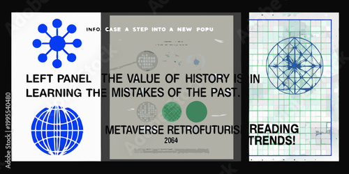 Triptych of digital art featuring geometric shapes and textual elements