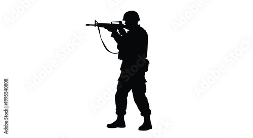 Silhouette of a soldier aiming a rifle against a white background