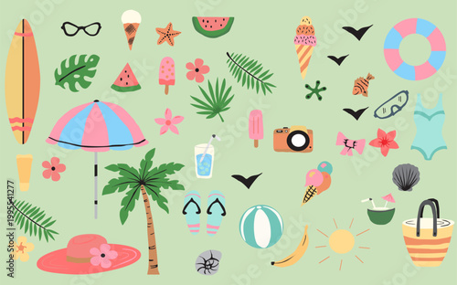 set of summer elements: sun, palm tree, beach umbrella, tropical flowers  summer time poster, card