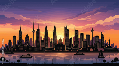 Foto Panoramic city skyline silhouette at sunset, featuring iconic global architectur