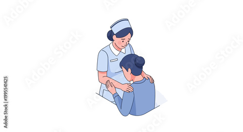 Caring nurse in a light blue uniform is compassionately comforting a patient by holding their hand, rendered in a minimalist line art style against a clean white background