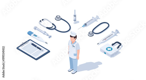 Isometric illustration of a healthcare worker surrounded by medical equipment like stethoscopes, syringes, and a first aid kit on a white background, rendered with clean lines