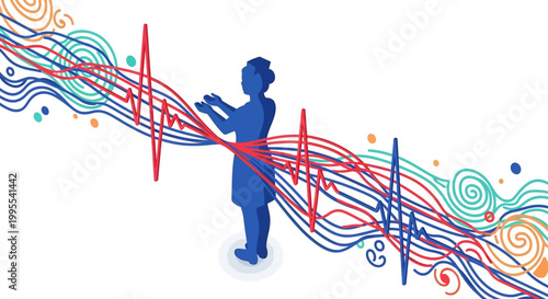 Silhouette illustration of a female figure standing against a white background with flowing red pulse lines and colorful abstract swirls, conveying a concept of press freedom