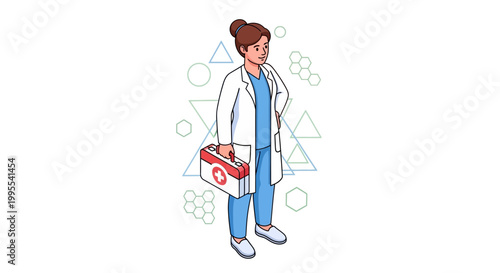 Isometric illustration of a female doctor in a white coat holding a first aid kit, rendered with clean lines against a white background, creating a medical and professional atmosphere