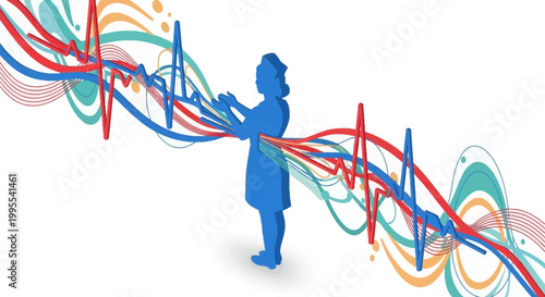 Abstract illustration featuring a stylized blue silhouette of a person standing amidst flowing red and blue lines resembling sound waves, set against a clean white background with a vibrant