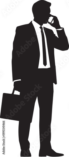 Silhouette illustration of businessman talking on phone and holding briefcase with corporate