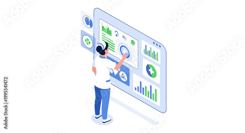 Isometric illustration shows a person in a white shirt interacting with a large interactive dashboard interface featuring various charts, graphs, and data visualizations against a clean