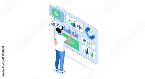 Isometric vector illustration showing a person interacting with a large interactive screen displaying various data charts and graphs in shades of blue and green, isolated against a clean