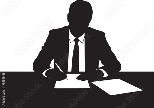 Silhouette of a businessman in a suit writing at a desk simple black and white illustration