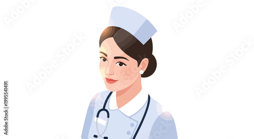 A friendly female nurse with dark hair wearing a traditional white uniform and stethoscope is depicted in a clean vector illustration against a bright white background, conveying a sense