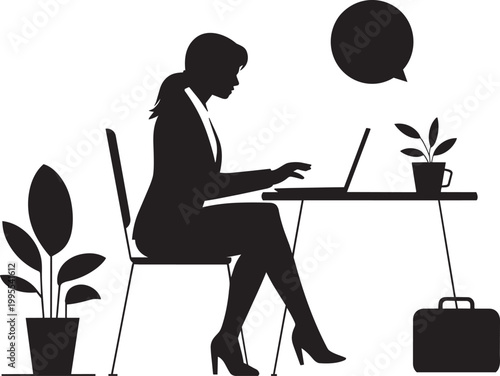 Silhouette of a businesswoman working on a laptop at a desk with plants and a briefcase