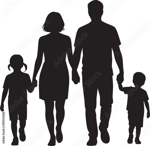 Silhouette of a family of walking together holding hands with white background icon set