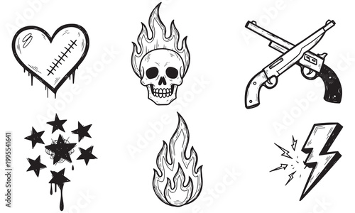 Stitched heart with skull on fire and crossed pistols doodle set including stars and lightning bolt symbols hand drawn black and white vector illustration collection for tattoo art designs.
