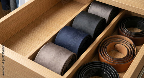 Tie belt drawer organizer wardrobe wood quiet luxury daily routine with neatly rolled tie and leather belt wood drawer organizer for wardrobe