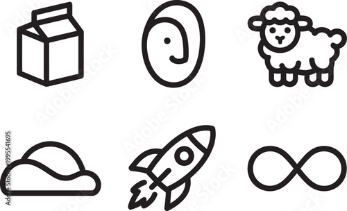 Simple line icons set of 6 of a milk carton face sheep cloud rocket and infinity symbol
