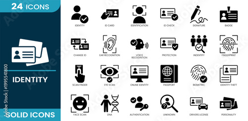 Identity icon set. Identity, identification, biometric, authentication, fingerprint, ID card, passport, security, verification. Solid vector icons.