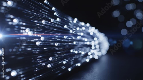 Abstract Blue Fiber Optic Lights Tunnel with Bokeh Effect and Lens Flare for Technology and Data Transfer Concepts