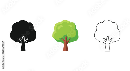 Tree icon set in silhouette flat and outline styles nature plant forest ecology vector illustration isolated on white background