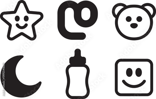 Teddy bear with baby bottle black and white and star in outline style icon set in outline