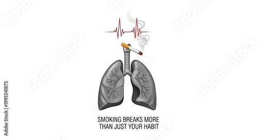 A smoking lung illustration shows health risks with a heartbeat line and lungs damaged.