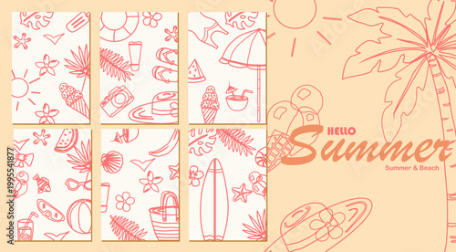 doodle summer elements pattern poster card, sun, palm tree, beach umbrella, tropical flowers  summer time poster, card